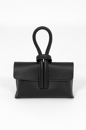 trixie-italian-leather-wristlet-clutch-bag-black-pebbled-front-view-knot-wrist-fastening