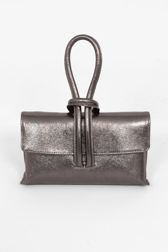 trixie-italian-leather-wristlet-clutch-bag-gun-metal-metallic-front-view-knot-wrist-fastening