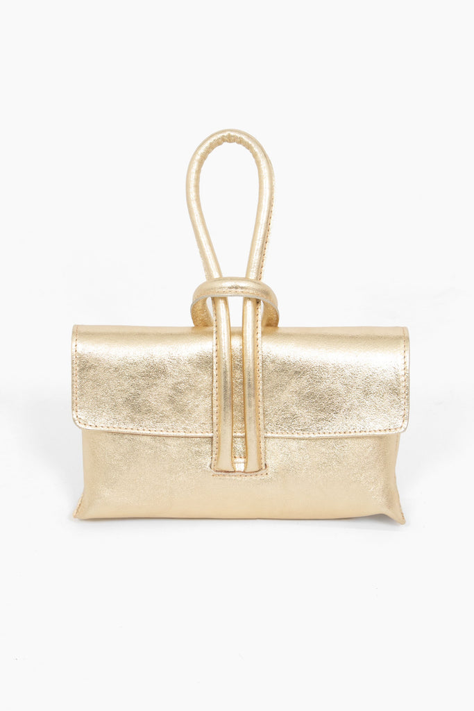 trixie-italian-leather-wristlet-clutch-bag-gold-metallic-front-view-knot-wrist-fastening