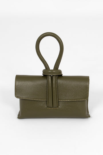 trixie-italian-leather-wristlet-clutch-bag-khaki-pebbled-front-view-knot-wrist-fastening