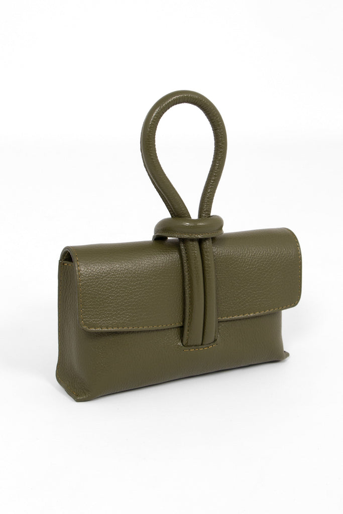 trixie-italian-leather-wristlet-clutch-bag-khaki-pebbled-side-view-folding-front