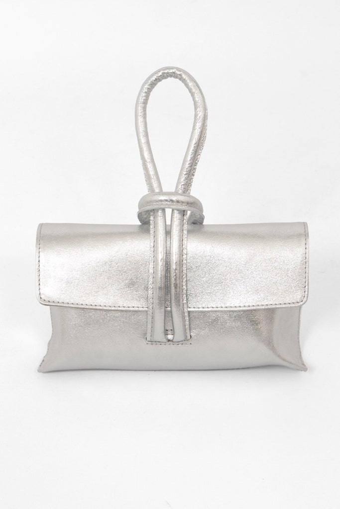 trixie-italian-leather-wristlet-clutch-bag-silver-metallic-front-view-knot-wrist-fastening