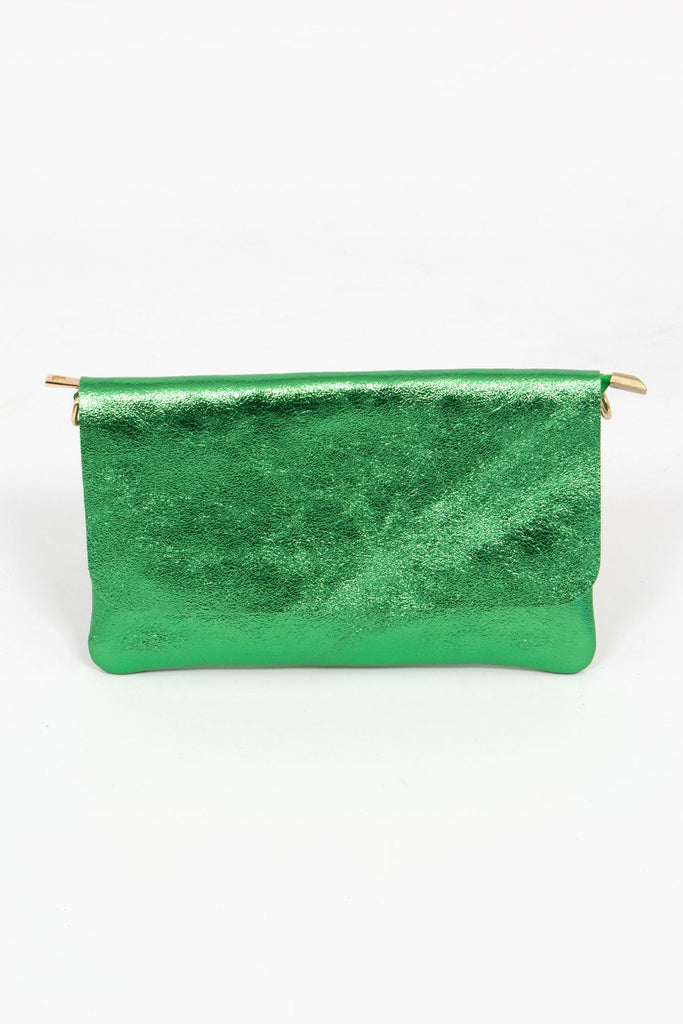 britta-italian-leather-clutch-bag-green-metallic-front-view-folded-over