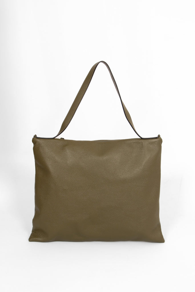showing the back of the tote bag, the bag is made from pebbled khaki green leather