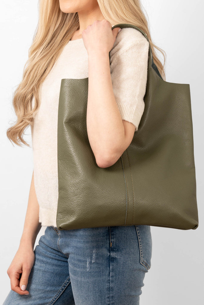 paloma-italian-leather-shoulder-bag-khaki-pebbled-model-worn-over-shoulder