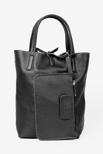 verona-italian-leather-small-tote-bag-black-pebbled-front-view-showing-internal-wallet