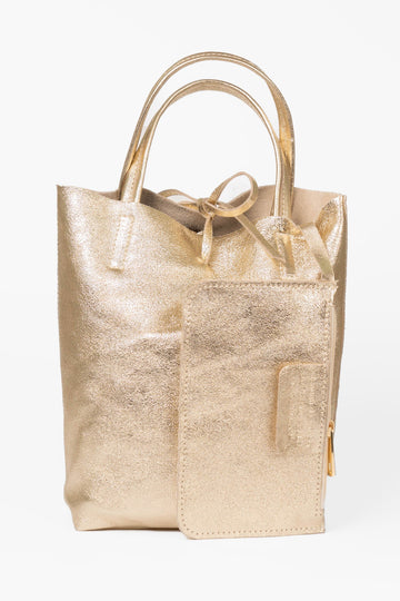 verona-italian-leather-small-tote-bag-gold-metallic-front-view-showing-internal-wallet