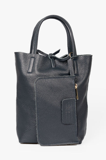 verona-italian-leather-small-tote-bag-navy-blue-pebbled-front-view-showing-internal-wallet