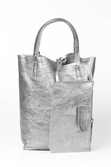 verona-italian-leather-small-tote-bag-pewter-metallic-front-view-showing-internal-wallet