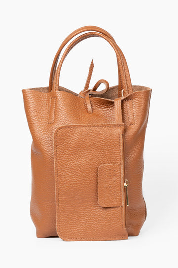 verona-italian-leather-small-tote-bag-tan-pebbled-front-view-showing-internal-wallet