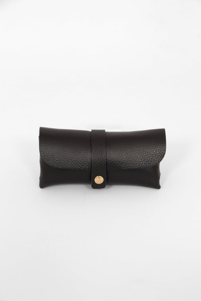 pebbled black leather sunglasses case. the case wraps around the glasses and closes with a front gold button fastening