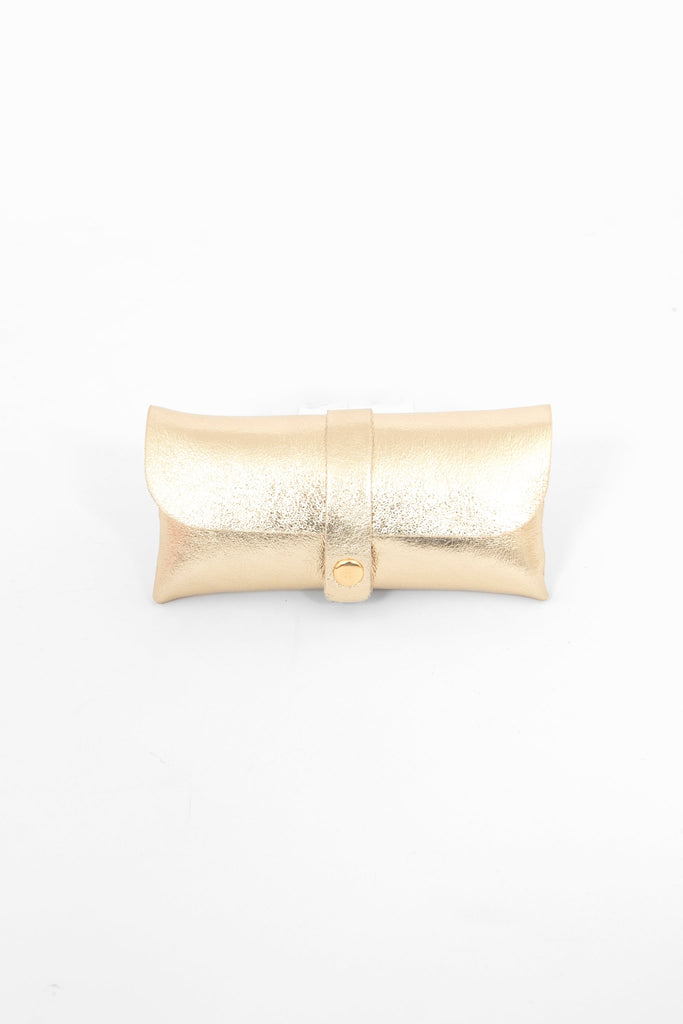metallic gold leather sunglasses case. the case wraps around the glasses and closes with a front gold button fastening