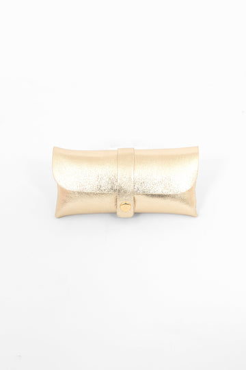 metallic gold leather sunglasses case. the case wraps around the glasses and closes with a front gold button fastening