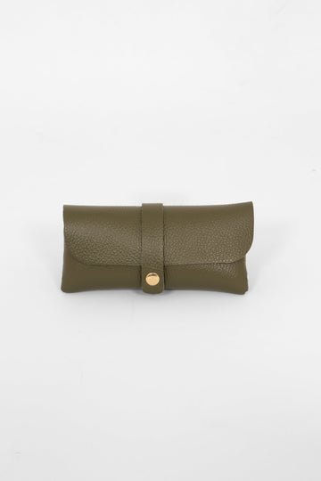 pebbled khaki green leather sunglasses case. the case wraps around the glasses and closes with a front gold button fastening