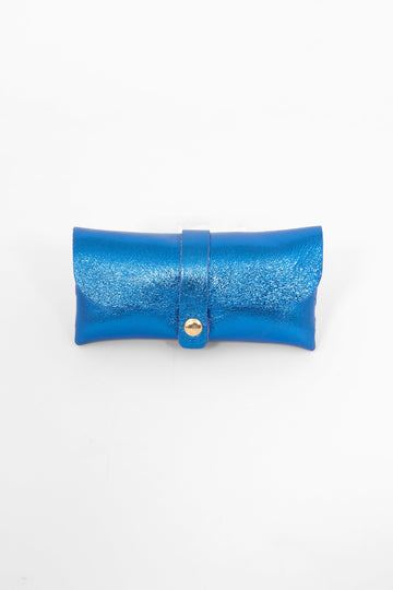 metallic blue leather sunglasses case. the case wraps around the glasses and closes with a front gold button fastening