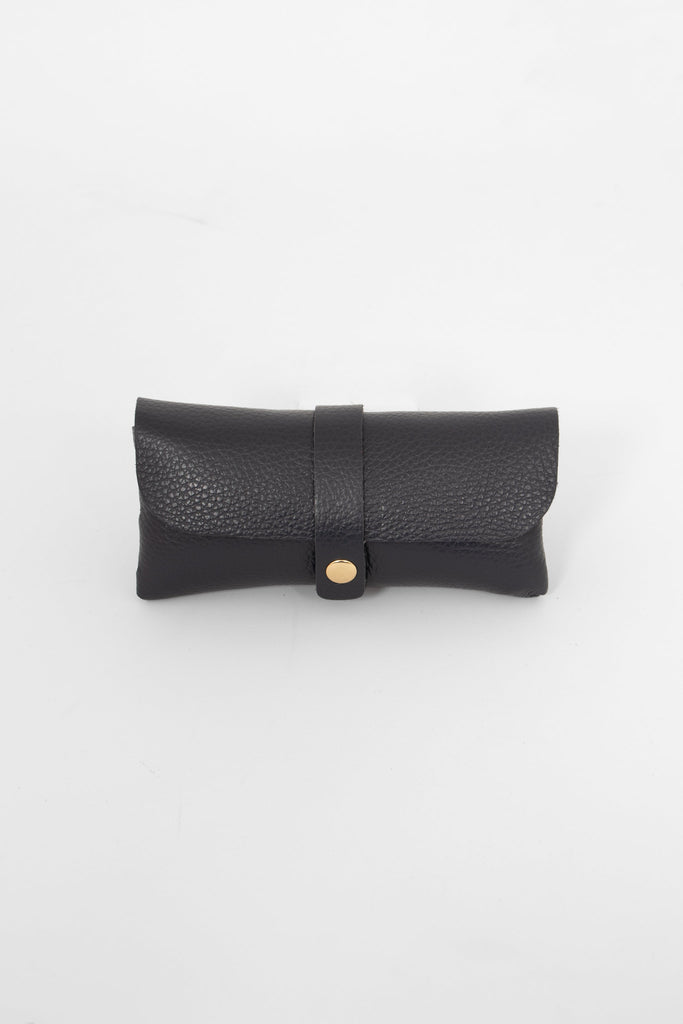 pebbled navy blue leather sunglasses case. the case wraps around the glasses and closes with a front gold button fastening