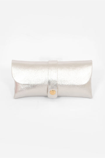 metallic silver leather sunglasses case. the case wraps around the glasses and closes with a front gold button fastening