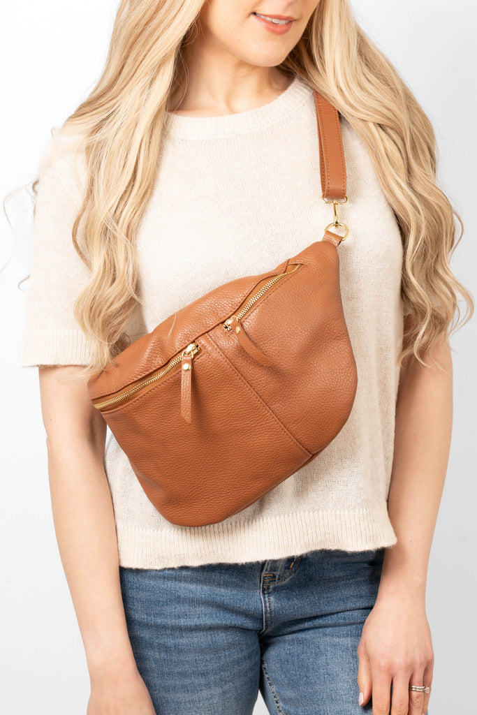 luisa-italian-leather-double-zip-bum-bag-tan-pebbled-worn-crossbody-on-model