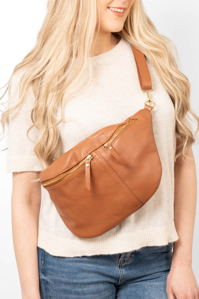 luisa-italian-leather-double-zip-bum-bag-tan-pebbled-worn-crossbody-on-model