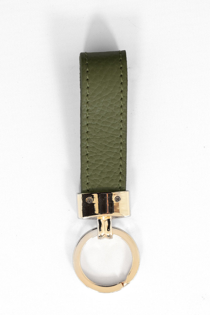 pebbled khaki green leather loop keyring with a gold loop attachment. 