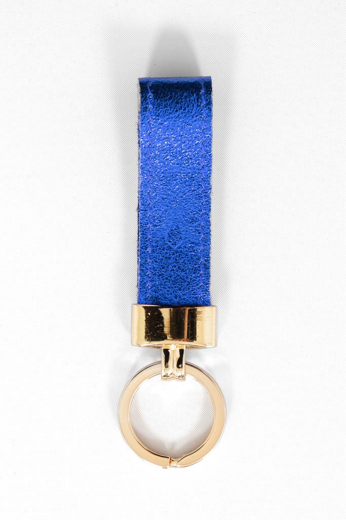 metallic blue leather loop keyring with a gold loop attachment. 