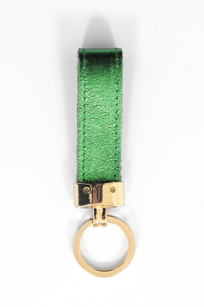 metallic green leather loop keyring with a gold loop attachment. 