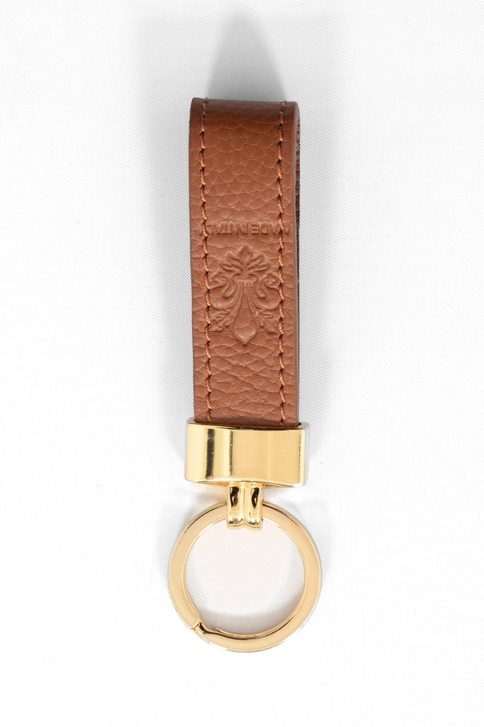 pebbled tan brown leather loop keyring with a gold loop attachment. 