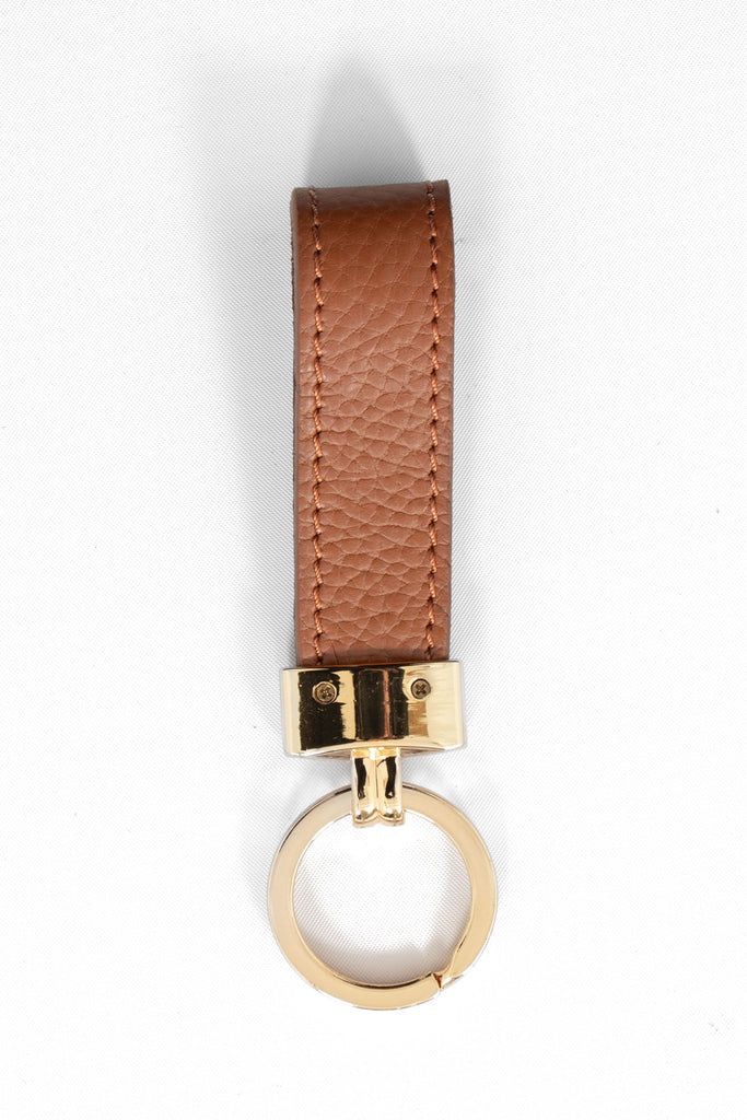 pebbled tan brown leather loop keyring with a gold loop attachment. 