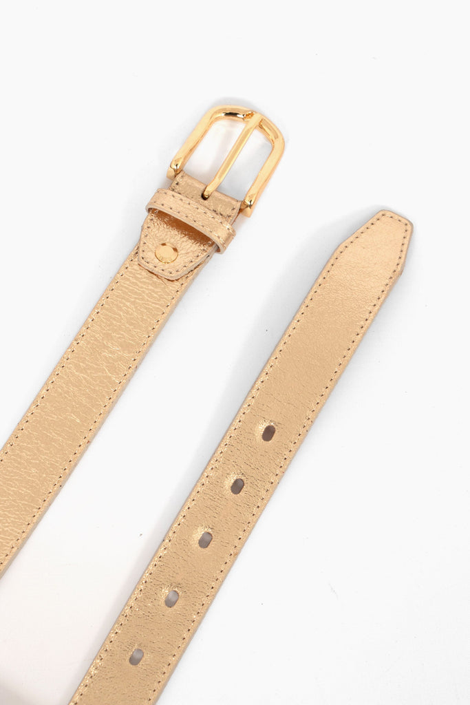 plain gold 3cm metallic leather belt with cut out notches and gold buckle and pin