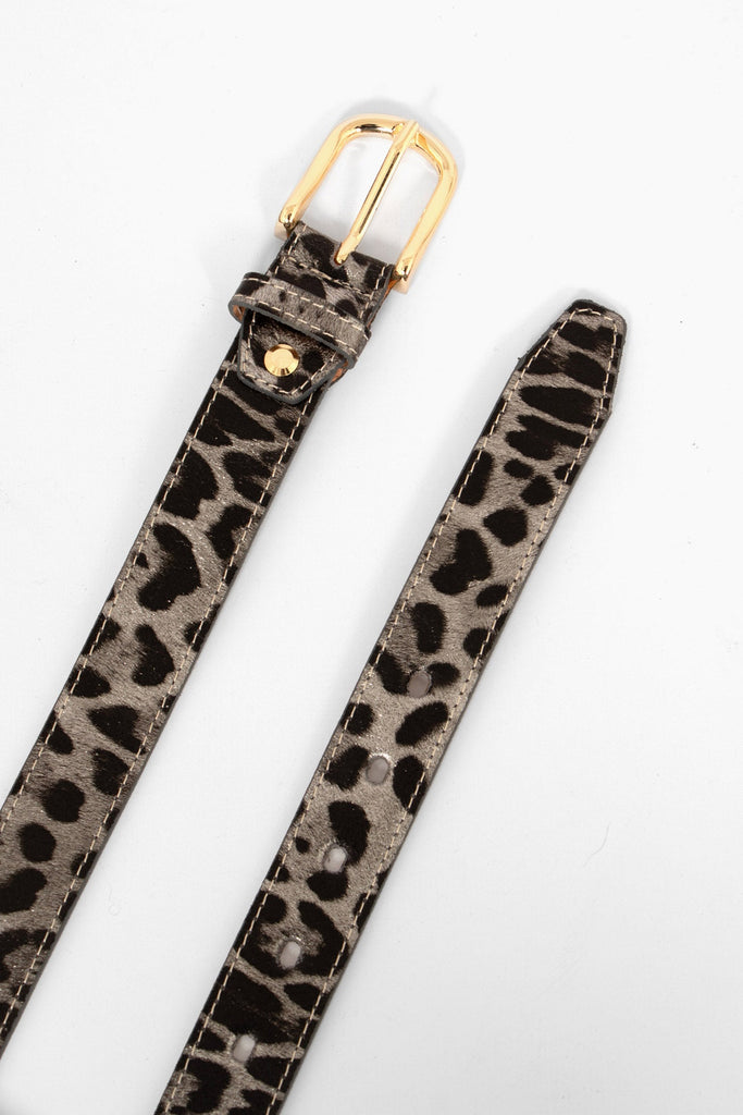 grey leopard print 3cm leather belt with cut out notches and gold buckle and pin