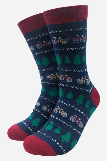 fair isle style bamboo socks featuring mountain bikes and trees