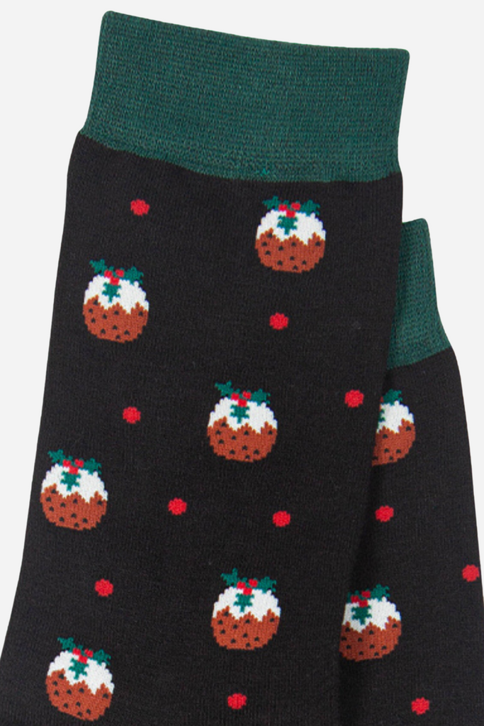 close up of the christmas pudding design on the bamboo socks