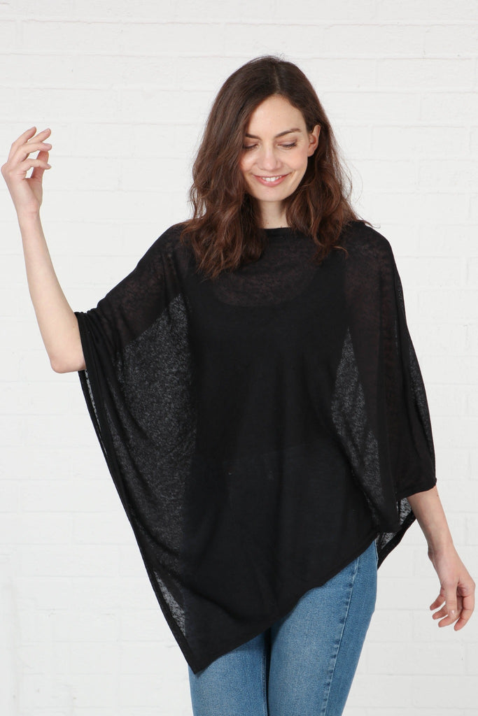 model showing the wide sleeves, the fall below the elbow.