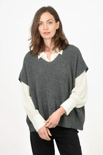 model wearing a grey wool knit v neck vest