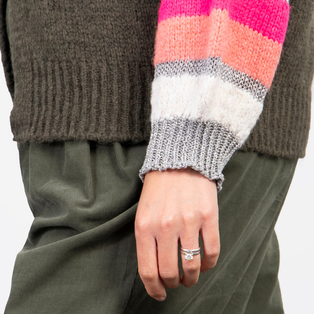 close up of the striped cuffs, showing a ribbed edge with pink, silver and white stripes