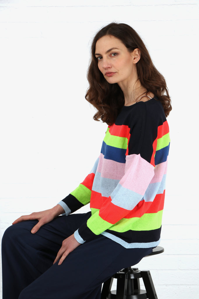 multicoloured striped cotton jumper with slash neck