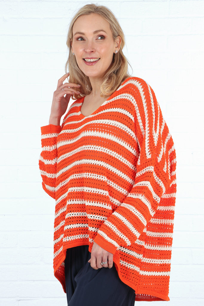 dipped hem open knit orange stripe cotton jumper with a v neck