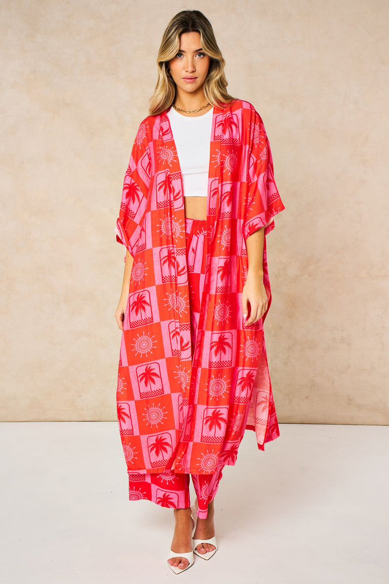 sartaandco – Palm Tree Sun Long Kimono Robe Beachwear -Pink