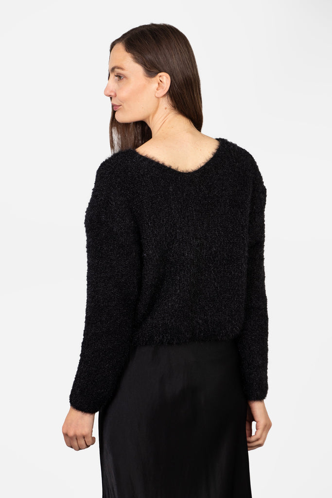 model showing the back of the cardigan which has a round neckline at the back