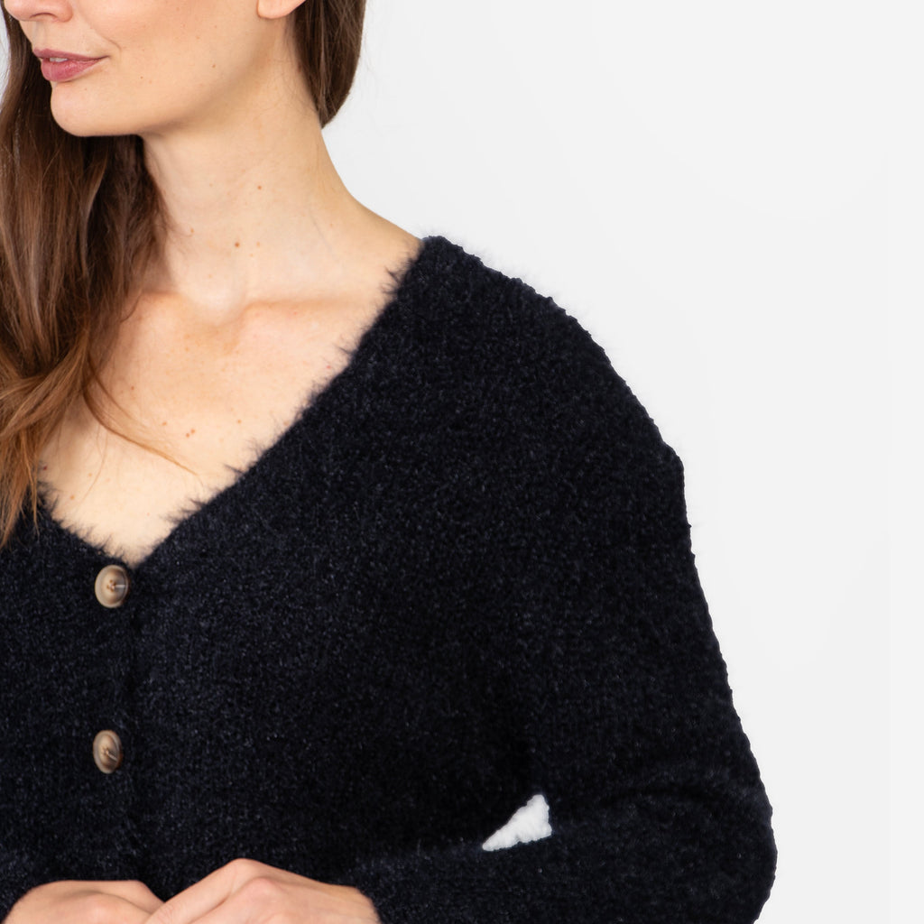 close up of the drop shoulder and long sleeve on the navy blue cardigan