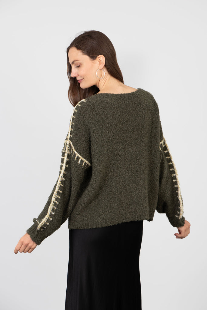 model showing the back of the khaki green jumper, showing that it is plain