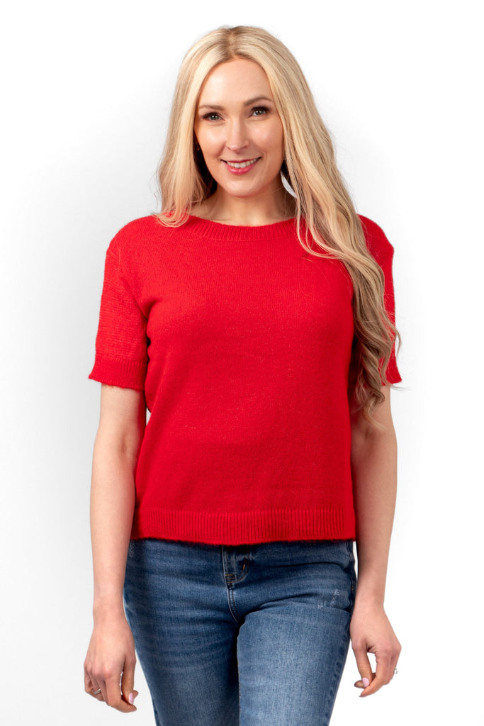 cece-wool-blend-short-sleeve-box-jumper-red-worn-by-a-model-showing-the-front-of-the-jumper