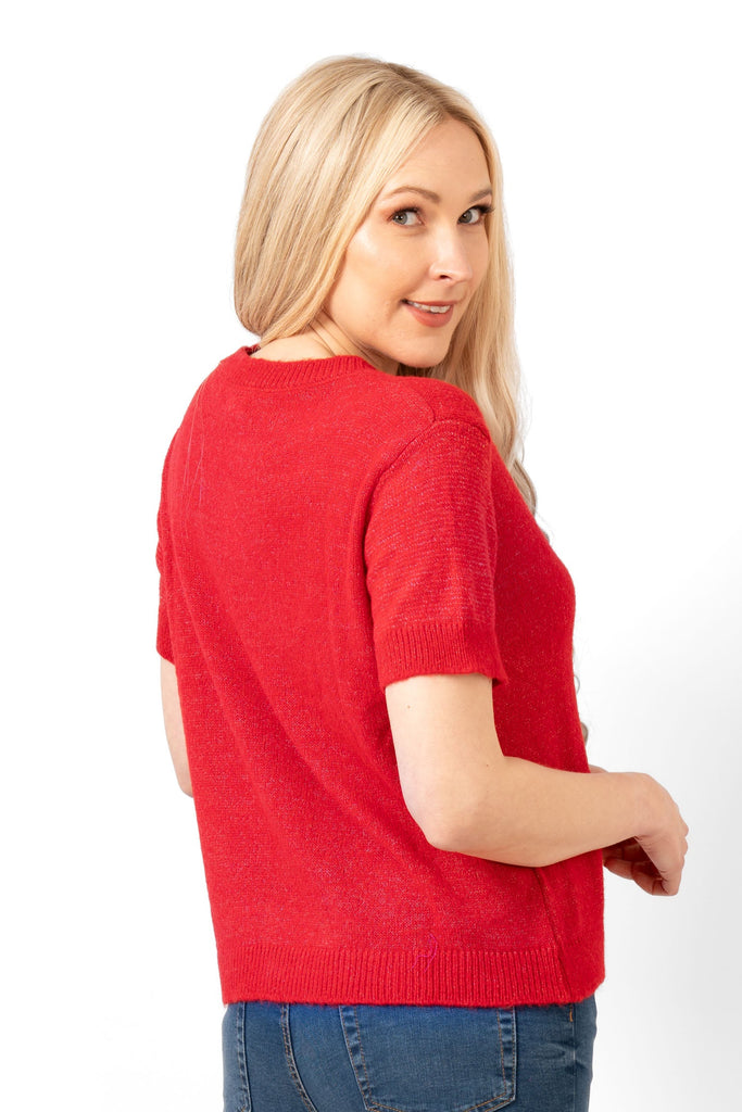 cece-wool-blend-short-sleeve-box-jumper-red-back-view-showing-the-short-sleeves