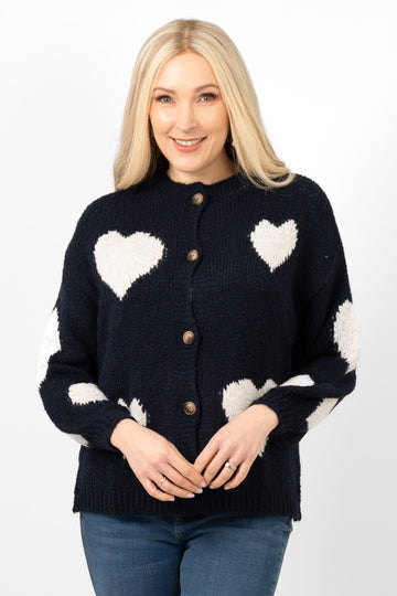 lexi-wool-blend-cardigan-navy-blue-cream-love-hearts-model-showing-front-of-the-piece