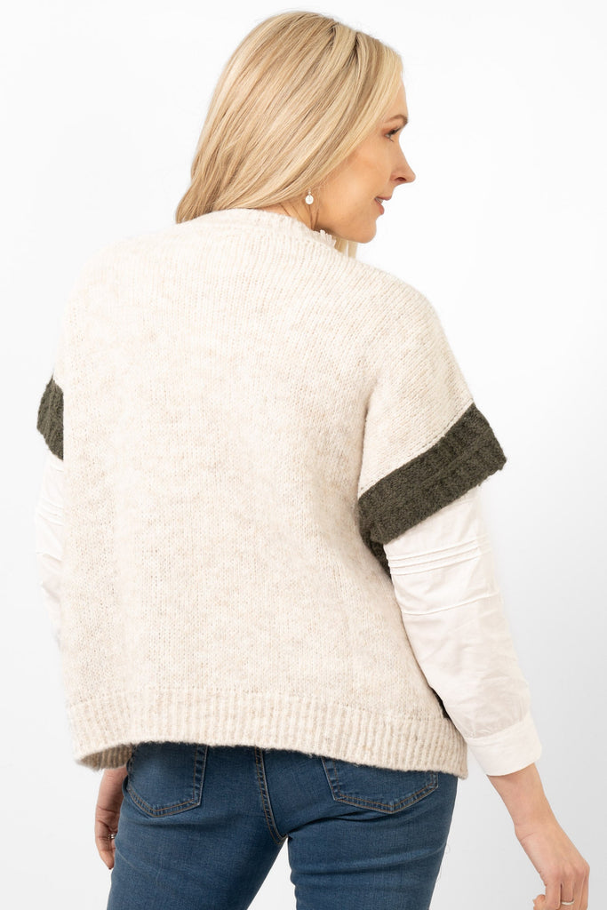 malia-wool-blend-tank-top-cream-khaki-rear-view-showing-the-contrasting-cuffs-on-the-loose-short-sleeves