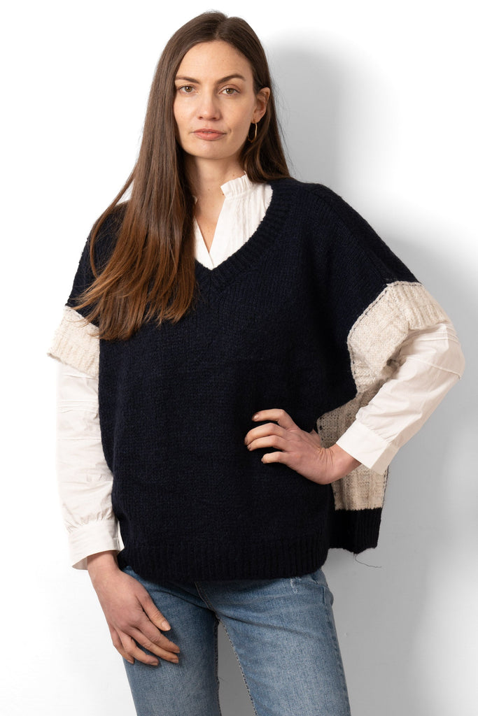 malia-wool-blend-tank-top-navy-blue-cream-front-view-worn-on-model-vneck-loose-sleeves