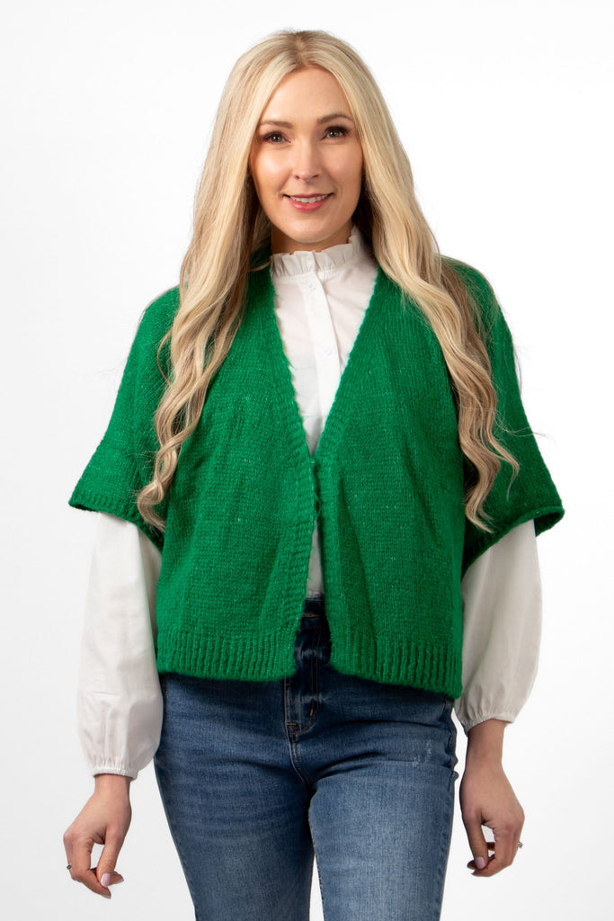 amelia-short-sleeve-wool-blend-cardigan-green-styled-with-blue-jeans-and-a-white-shirt