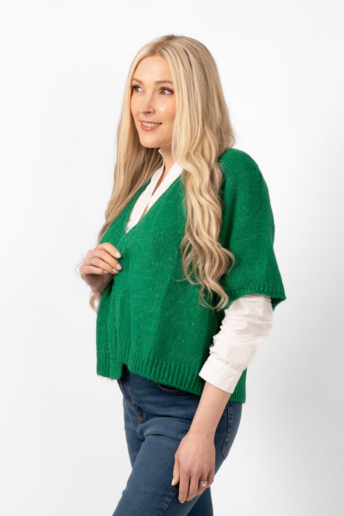 amelia-short-sleeve-wool-blend-cardigan-green-side-view-showing-the-loose-fitting-short-sleeves