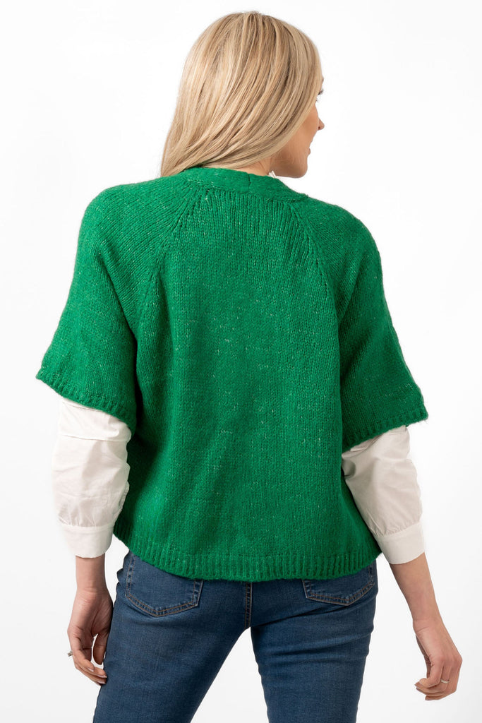 amelia-short-sleeve-wool-blend-cardigan-green-back-of-the-piece-showing-the-short-sleeve-design