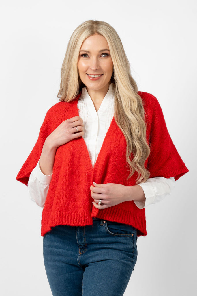 amelia-wool-blend-short-sleeve-cardigan-red-model-showing-the-front